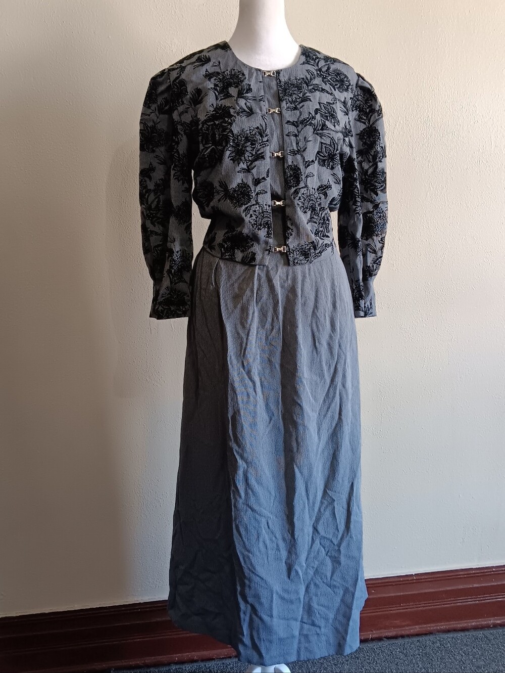 Vintage Academia Miss Dorby Velvet Burnout Black & Gray Maxi Dress Womens Sz 8 - Picture 13 of 13